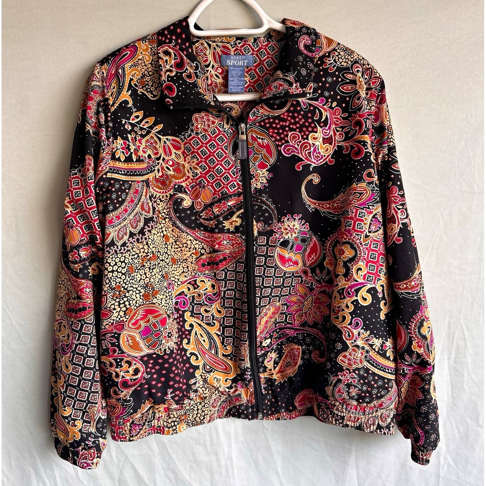 Koret Sport Womens Petite PM Black Orange Paisley Vintage Full Zip Jacket